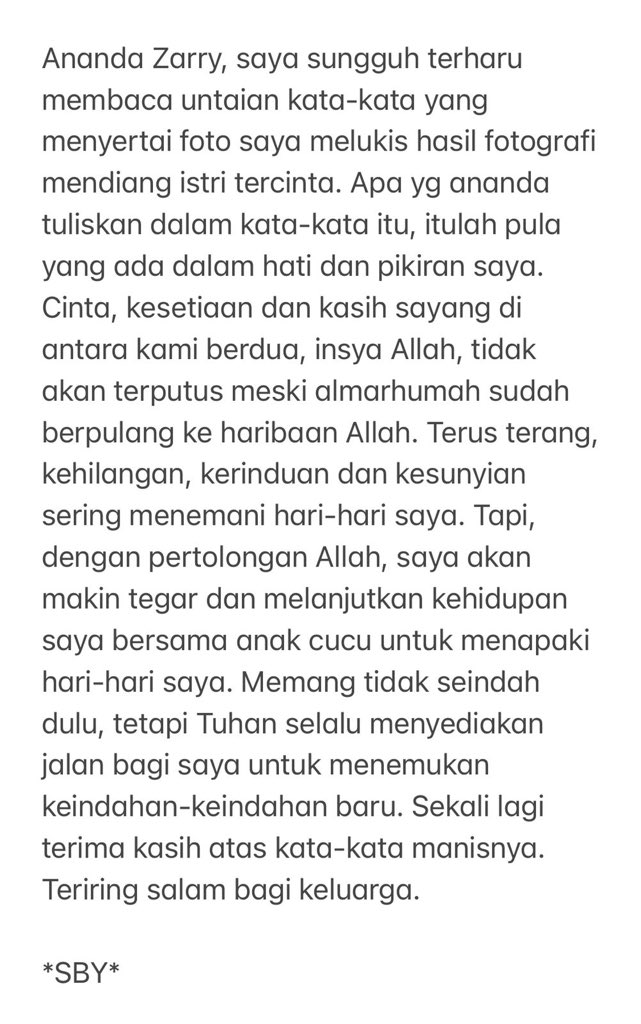Ungkapan SBY saat lukisannya diterjemahkan ke dalam rangkaian kata rindu pada Ani Yudhoyono.