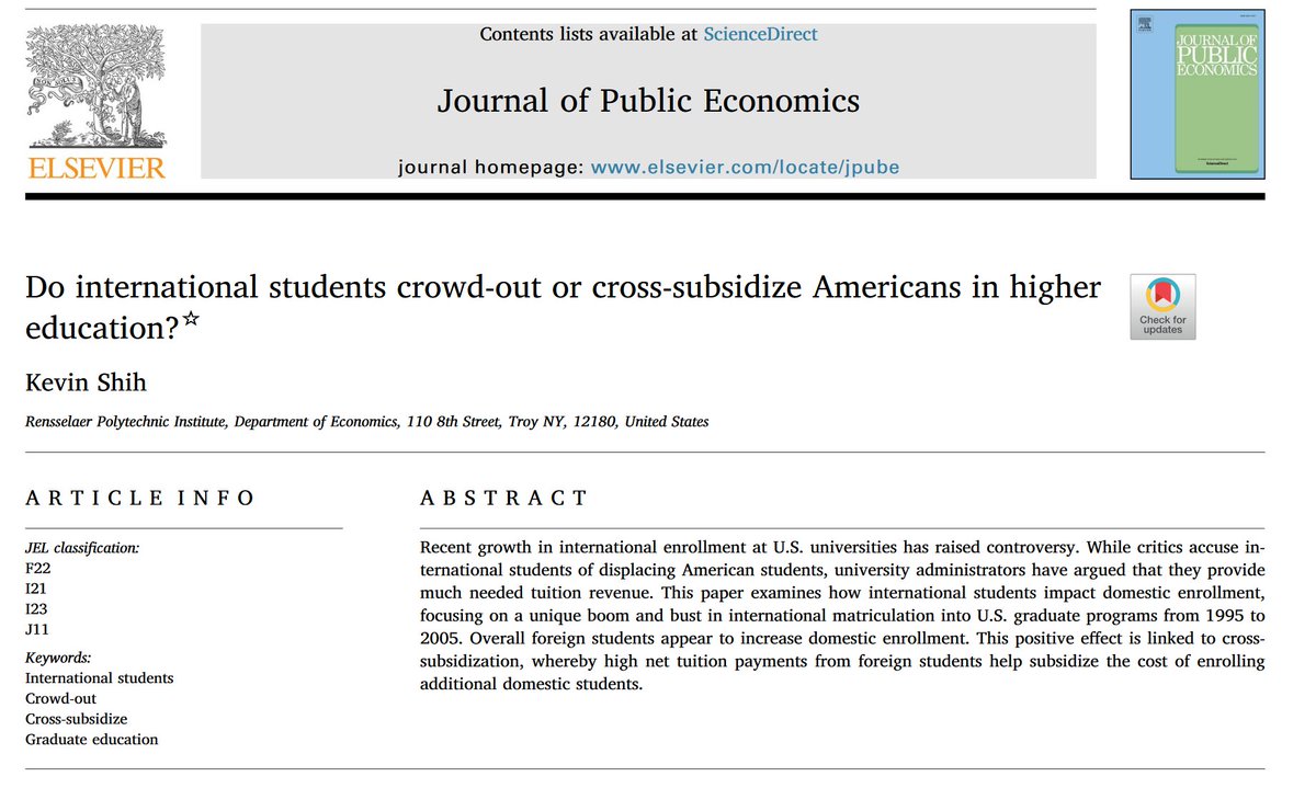 When American universities admit foreign graduate students, what happens to domestic ones? This paper argues that, on average, an influx of 10 international students leads to 8 additional domestic students, as foreign students subsidize domestic ones.  sciencedirect.com/science/articl…