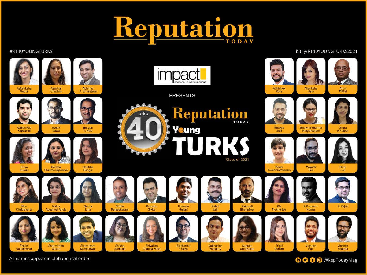 Reputation today is excited to announce the 40 #RTYOUNGTURKS - Class of 2021. 
Congratulations all! Check bit.ly/RT40YOUNGTURKS…

<a href="/berges/">Berges</a> <a href="/BhavyaSuriS/">Bhavya</a> <a href="/Bhawna_Sharma/">Blah</a> <a href="/dhara019/">Dhara Rajput</a> <a href="/Rakschit_b/">Rakschit</a> @VisheshSharma0