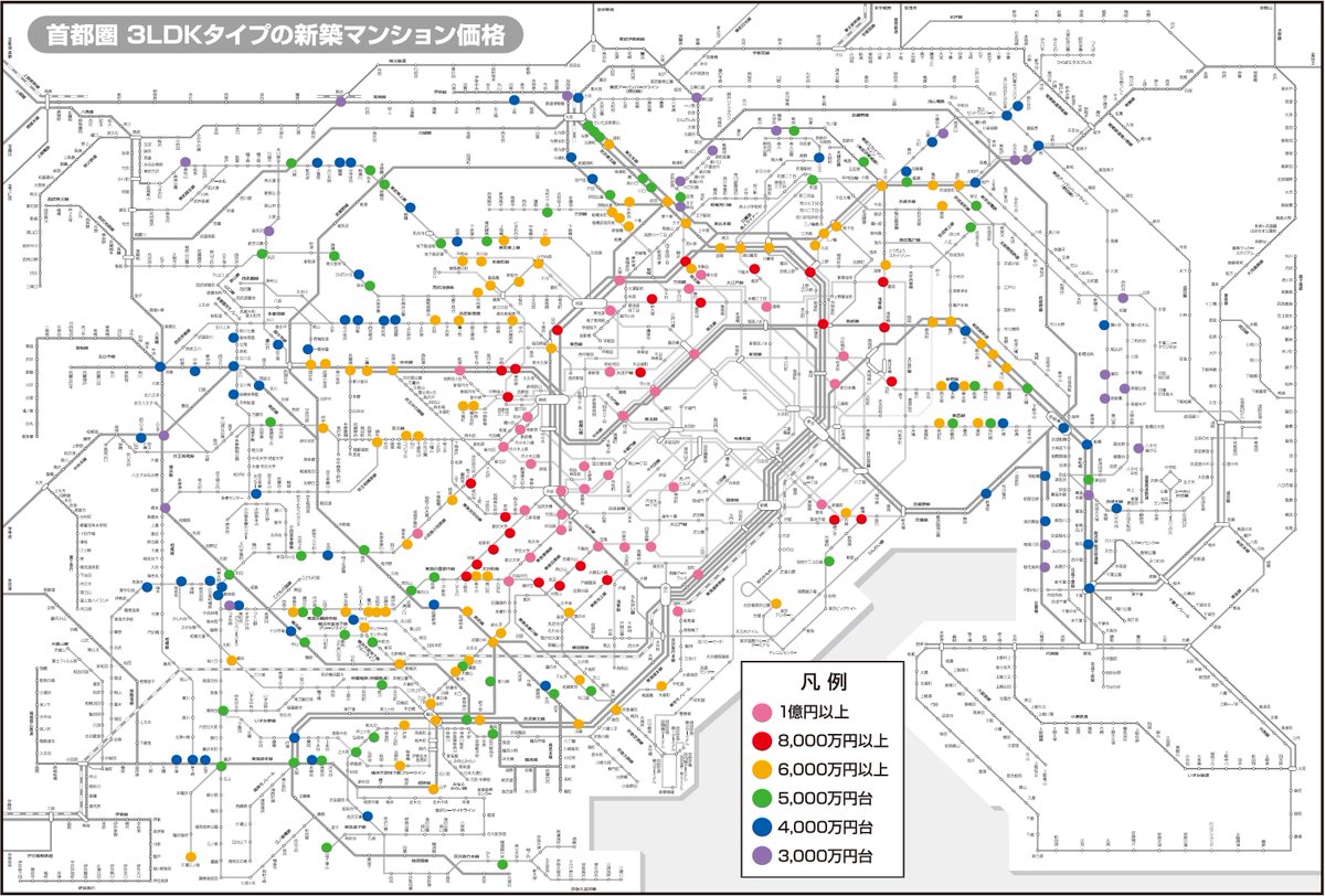 tokyo_kantei's tweet photo. （おまけ）それぞれの購入予算によって3LDKタイプの分譲マンションが購入できるエリアをざっくりと路線図で可視化してみました。東京23区内の新築マンション購入が厳しい価格帯でも中古マンション（築10年・築20年）まで検討範囲を広げれば、かなり都心寄りのエリアまで選択の幅を広げられます。 https://t.co/zOsMkpjpBz