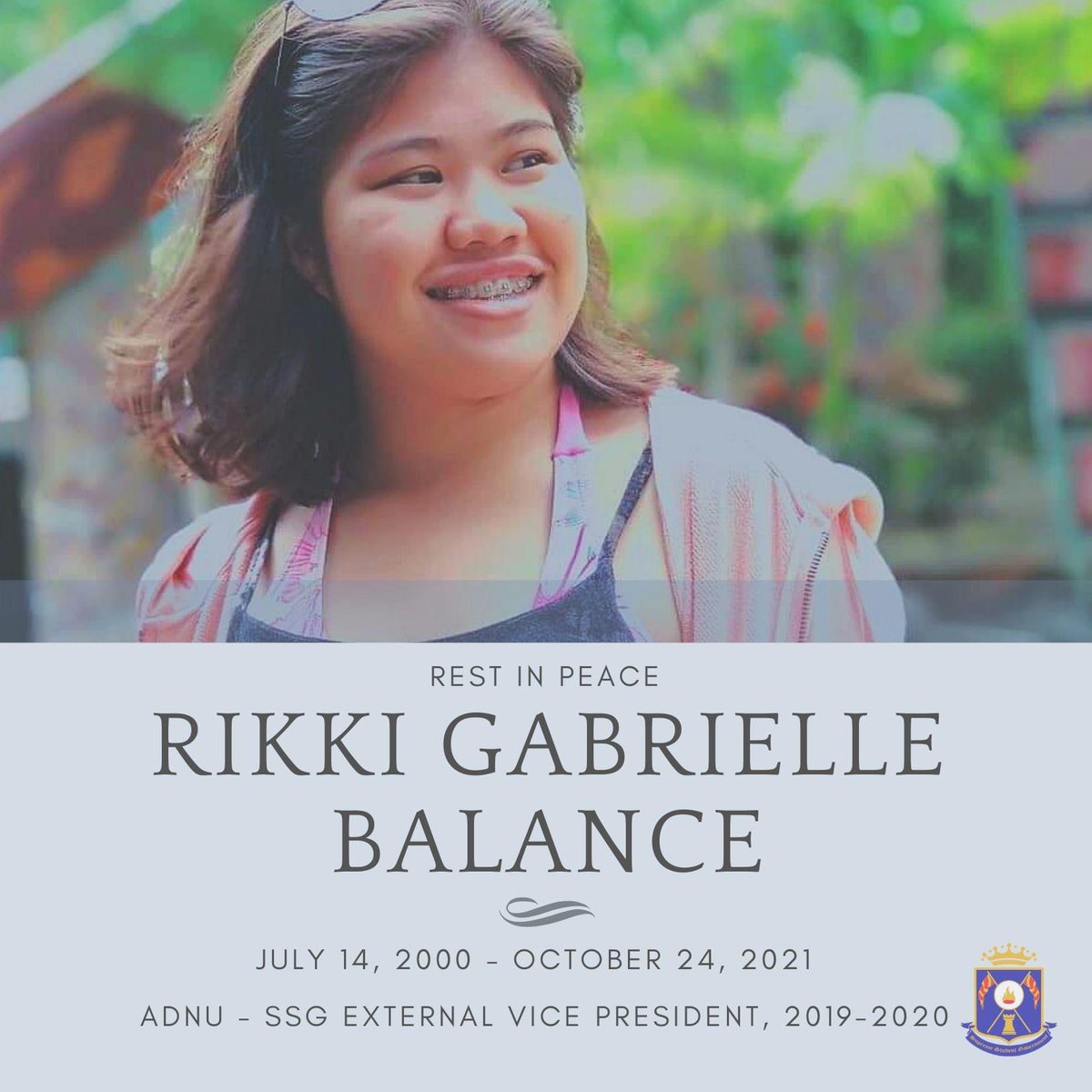 adnussgofficial's tweet photo. It is with a heavy heart that we lost one of our friends, colleagues, orgmates, co-officers. Rikki was the ADNU-SSG External Vice President last academic year 2019-2020 and was also a Buklod Alumna. 

++ https://t.co/Xz228Nx4Re