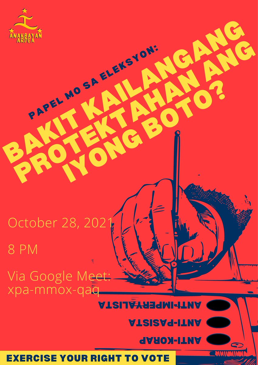 AnakbayanArdea's tweet photo. Ano ang kahalagahan ng ating boto sa eleksyon at bakit ito kailangang protektahan? Mula saan?

Sagutin natin ang mga tanong na iyan sa aming educational discussion ngayon araw mamayang 8 pm! Dumalo at magpadalo! https://t.co/rBOx4CC2Nv