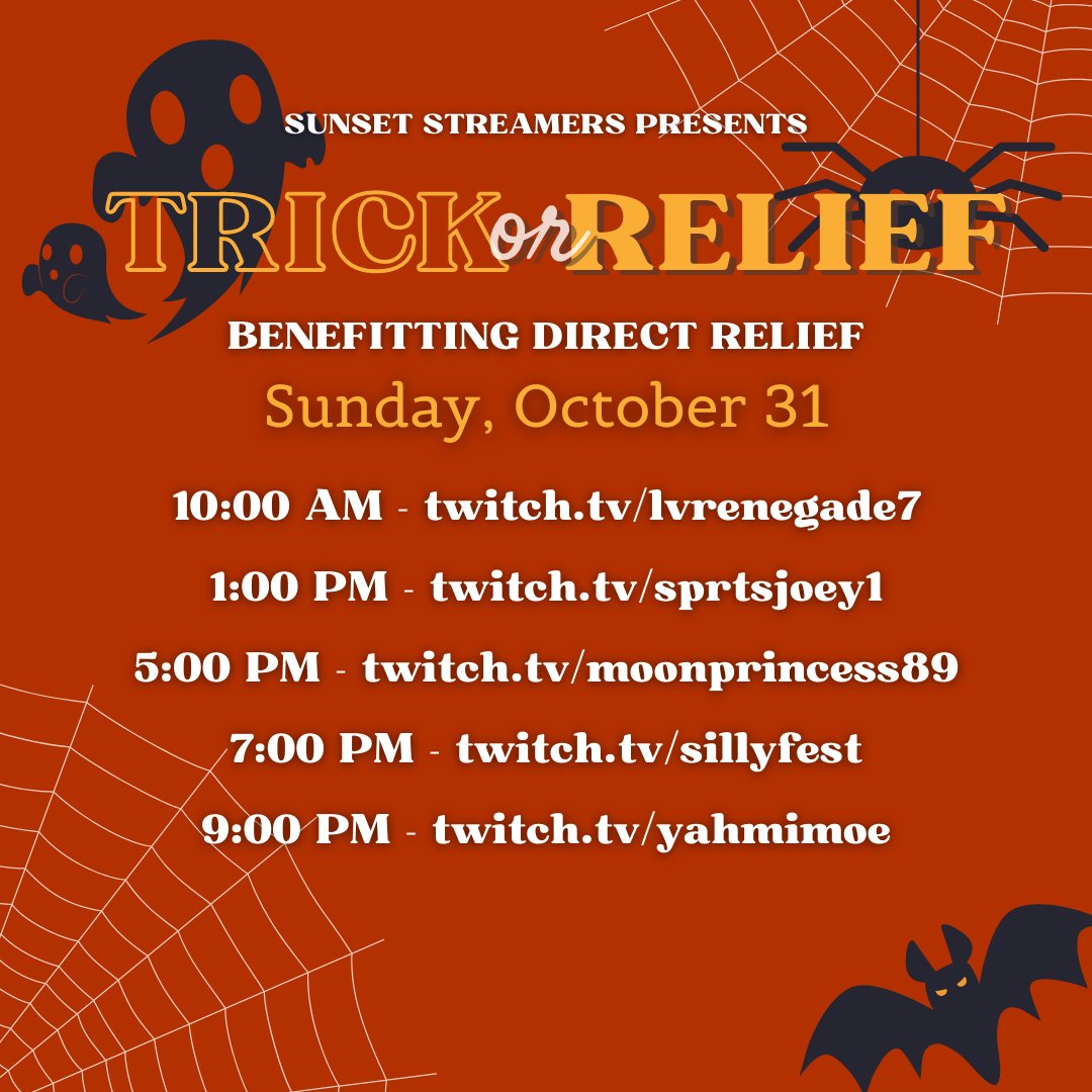 StormRushGaming's tweet photo. Want to know which #SunsetStreamers are streaming during #TrickorRelief2021?
Take a gander at the amazing lineup ready to take stage for @DirectRelief. We can't wait!!
#charity #community https://t.co/o4i4DJ4LT9