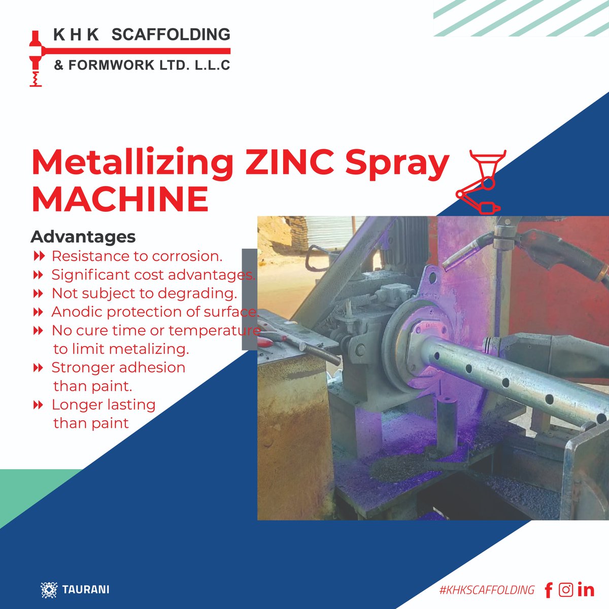 khkscaffolding's tweet photo. As one of the most technologically advanced #scaffolding & #formwork companies in the Middle East,we have installed #Metallizing #Zinc_spray_machine to our plant and machinery portfolio.This helps in enhancing the sheen and corrosion resistance of our supplied products. #KHK #UAE https://t.co/hKurbZ22Yt