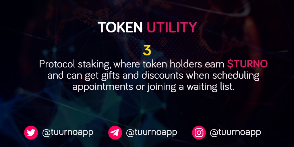 tuurnoapp's tweet photo. Getting to know $TURNO token utility.

Protocol staking, where token holders earn $TURNO and can get gifts and discounts when scheduling appointments or joining a waiting list.

Learn more about Tuurno: https://t.co/R123DU5k8Y https://t.co/wAXrRGK8rC
