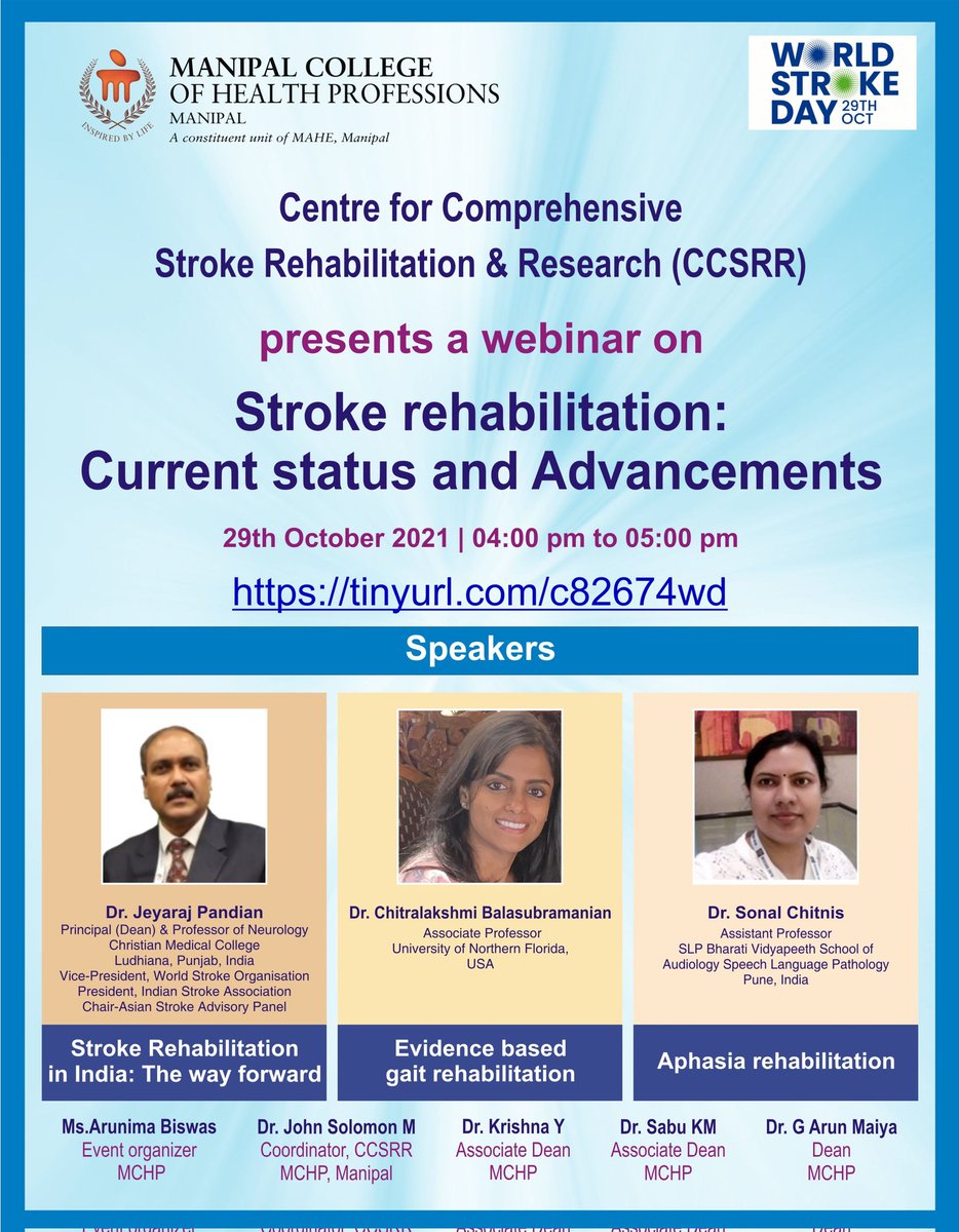 John Solomon (@johnsolomon78) on Twitter photo On the occasion of world stroke day, do join us for the Webinar on stroke rehabilitation. You can join us using this link tinyurl.com/c82674wd
<a href="/jeyaraj_pandian/">Jeyaraj Pandian</a> <a href="/unit_ccsrr/">CCSRR</a> <a href="/Manikan19549593/">Manikandan N</a> <a href="/KumaranDSenthil/">Senthil Kumaran D</a> <a href="/Amreen_Mahmood/">Dr. Amreen Mahmood (she/her)</a> <a href="/MCHP_MAHE/">MCHP</a> On the occasion of world stroke day, do join us for the Webinar on stroke rehabilitation. You can join us using this link tinyurl.com/c82674wd
<a href="/jeyaraj_pandian/">Jeyaraj Pandian</a> <a href="/unit_ccsrr/">CCSRR</a> <a href="/Manikan19549593/">Manikandan N</a> <a href="/KumaranDSenthil/">Senthil Kumaran D</a> <a href="/Amreen_Mahmood/">Dr. Amreen Mahmood (she/her)</a> <a href="/MCHP_MAHE/">MCHP</a>