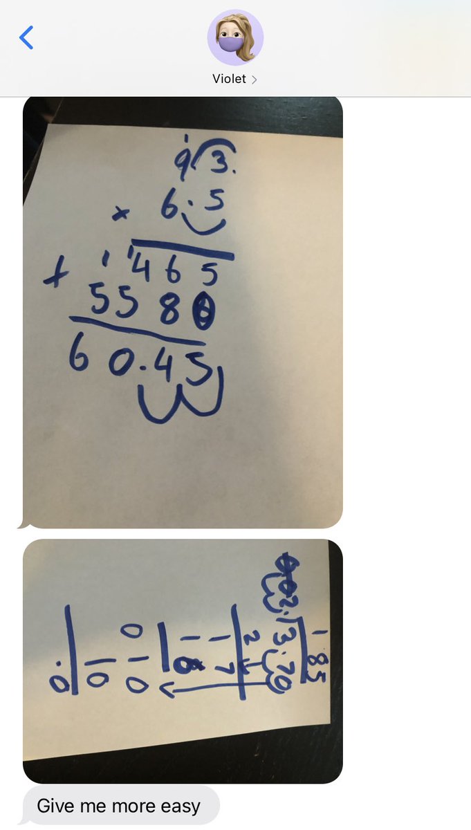 DearestViolet's tweet photo. My daughter messages me asking for “random decimals” and then sends me photos of her turning them into math questions. I’ll take these types of pre-teen text messages any day. She’s so happy to be in school this year. Happiness is contagious. #momlife #seventhgrade #gradeseven https://t.co/Ed6MLkNvnr