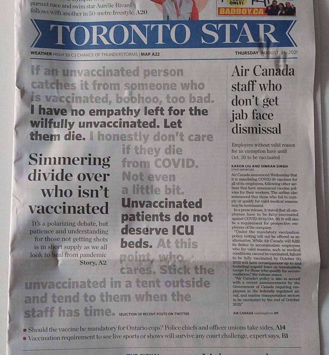 The Toronto Star front page. 

…essentially a call to cleanse society of the unvaccinated.