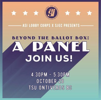 psa_csuf's tweet photo. Join Lobby Corps and the SJEC at their panel on civic engagement and involvement beyond the ballot box! Tomorrow, OCT 28th at 4:30pm in TSU  Ontiveros BC. https://t.co/lbY9eCMUql