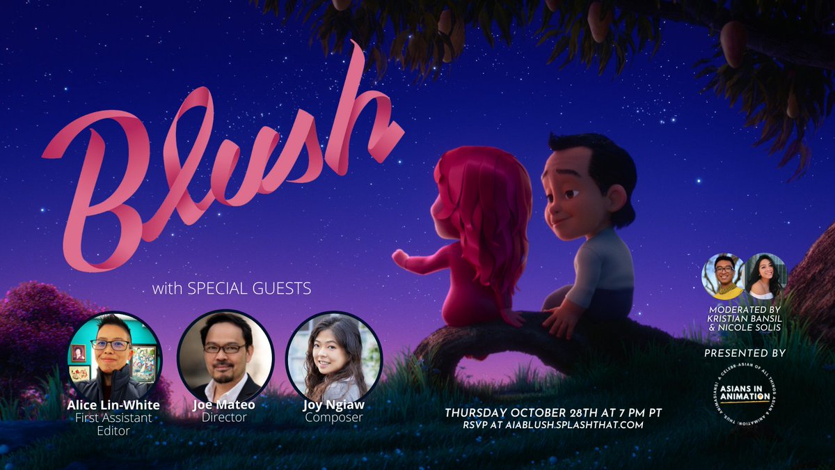 AnimAsians's tweet photo. YOU’RE INVITED! We are so excited to bring you an incredibly special virtual screening + Q&amp;A THIS THURSDAY NIGHT of Apple Original Films &amp; Skydance Animation's short film that’s been bringing the #animation community to tears — BLUSH.

RSVP Here: https://t.co/cYFA0zWpZS https://t.co/XTVOjyGI5t