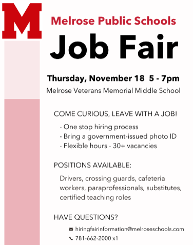 @MelrosePS @CItyofMelrose Spread the word Hiring Fiar on Thursday November 18th 5-7 PM @MVMMS