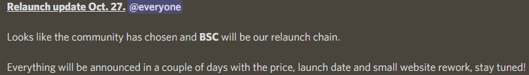 An update for our twitter followers:
We are relaunching on the #BSC blockchain.

If you still didn't join, here is our discord for new info: discord.gg/c7GQhSr79v

#NFT #NFTs #NFTArtist #NFTartists 
#NFTCollector #NFTCollectors
#NFTCommunity #NFTDrop #NFTdrops #BinanceNFT