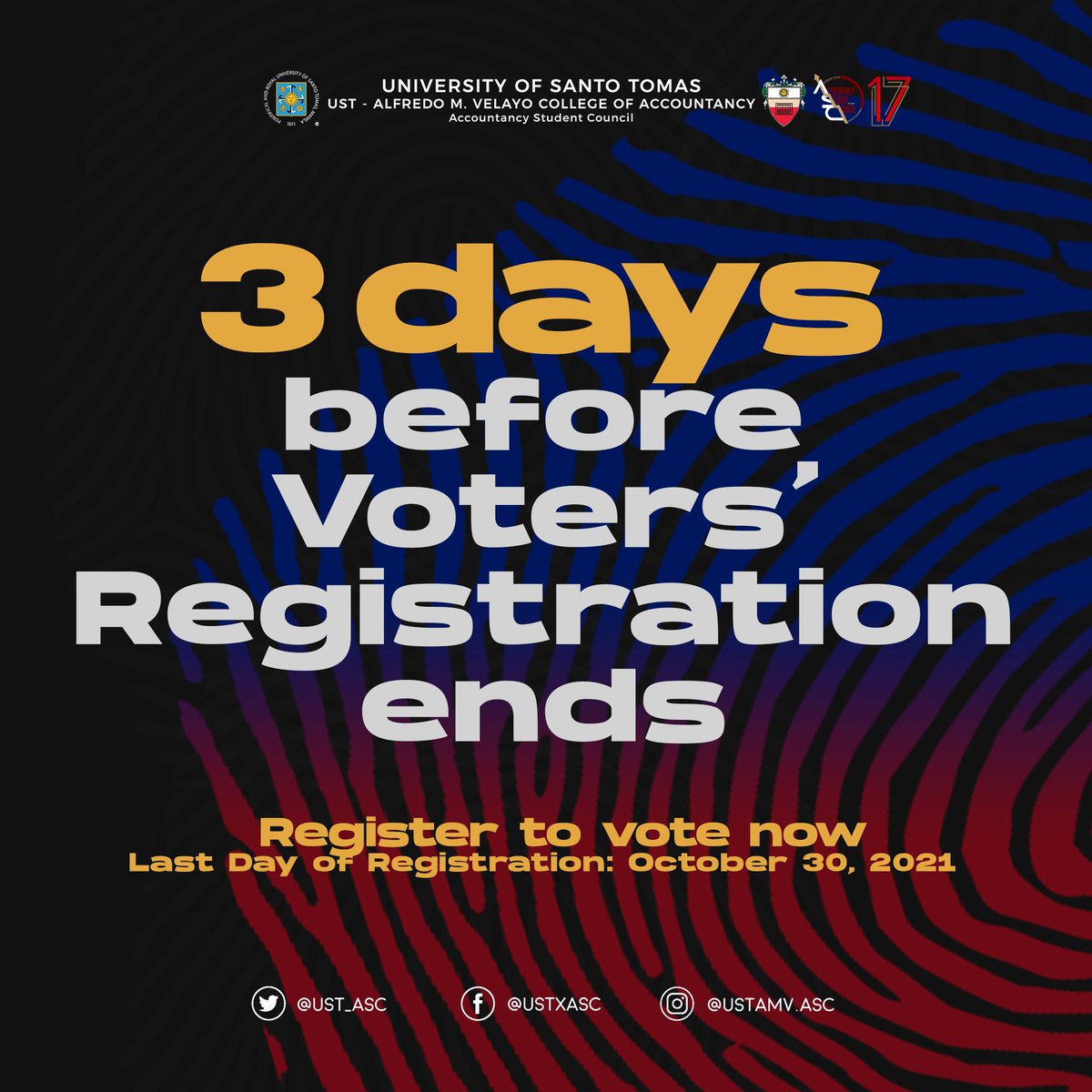 UST_ASC's tweet photo. You have 3 MORE DAYS to register for the 2022 Presidential Elections, AMVians! Check the board below for additional information for next year’s election.

Register via https://t.co/UCPs3OKYMB to be a full-fledged voter.

#DefyTheOdds https://t.co/2C3zLuFF1s