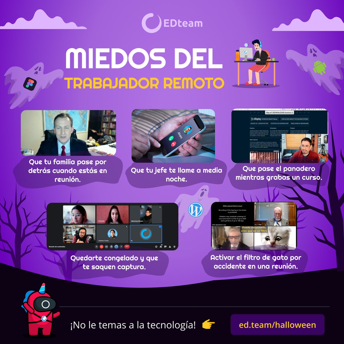 edteamlat's tweet photo. Top 5 miedos por los que un trabajador remoto no quiere pasar... otra vez 👀. La 2da es la peor 😰
Cuéntanos, ¿a qué le tienes miedo cuando trabajas en casa? 👻
(Álvaro le tiene miedo al panadero 🤭)
#EDterror #halloween #hallowen2021 #NoTeDetengas #EDteamFunciona #squidgame https://t.co/CxsyFJFUj4