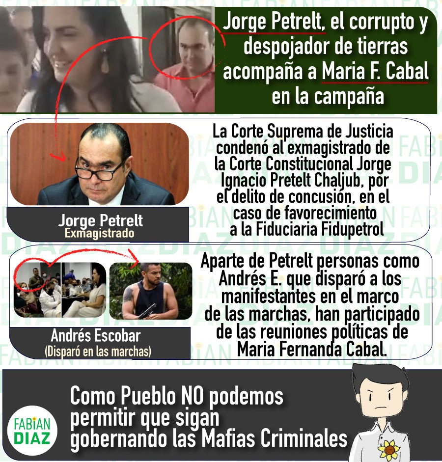 FabianDiazPlata's tweet photo. La Senadora del Centro Democrático y candidata presidencial María Fernanda #Cabal en campaña con el exmagistrado #Pretelt condenado por #Corrupción y señalado por despojo de tierras.
Como Pueblo NO podemos permitir que sigan gobernado las Mafias Criminales. https://t.co/AD1SUdDORc