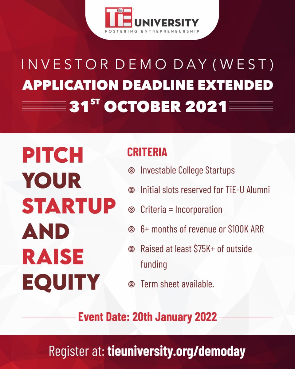 TiEcon's tweet photo. Calling College Startups! Apply to TiE Uni Investor Demo Day 2022 by Oct 31

Eligibility Criteria
☑️ Investable &amp; Incorporated College Startups
☑️ 6+ months of rev. or $100K ARR
☑️ Raised $75K+ outside funding

To learn more &amp; apply https://t.co/cPZj3NgNoj
Mention TiE SV chapter https://t.co/5qTdCyeQbU