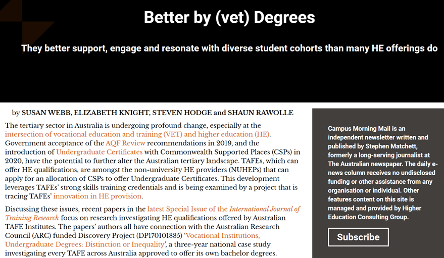 KiftSally's tweet image. This wk in my CMM series @SRMatchett
-@MonashUni Webb
-@victoriauninews #CIRES @lizziebknight
-@Griffith_Uni #GIER Hodge
-@Deakin @ellowars
Big 💭
VocEd UG degrees: Distinction or Inequality
Game changing degrees
Spec @AVETRA1 Issue tandfonline.com/toc/ritr20/18/2
campusmorningmail.com.au/news/better-by…
