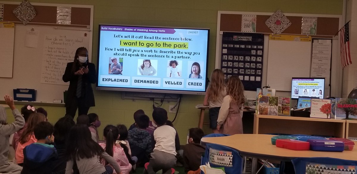 carolynaltuner's tweet photo. Ms.Thompson fostered a deeper understanding of the shades of meaning verbs can have by encouraging her 1st graders to act them out! @PrinSFES @SnowdenFarm_AP @SnowdenFarm_SDT @MakingThemThink https://t.co/gJM4WVN98n