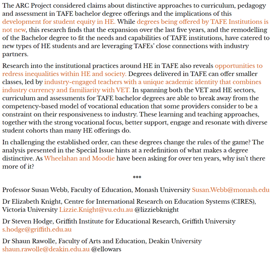 KiftSally's tweet image. This wk in my CMM series @SRMatchett
-@MonashUni Webb
-@victoriauninews #CIRES @lizziebknight
-@Griffith_Uni #GIER Hodge
-@Deakin @ellowars
Big 💭
VocEd UG degrees: Distinction or Inequality
Game changing degrees
Spec @AVETRA1 Issue tandfonline.com/toc/ritr20/18/2
campusmorningmail.com.au/news/better-by…