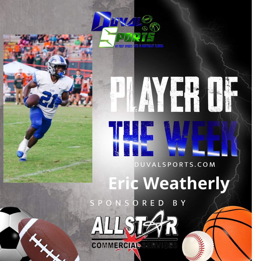 DuvalSports's tweet photo. Congratulations to Bartram Trail's @BTHS_Football  Eric Weatherly @_ejw21 on being named Duval Sports Player Of The Week, Sponsored by All Star Commercial Services https://t.co/WtIdne09S4 Weatherly scored 4 touchdowns and a 2-point conversion versus Oakleaf! https://t.co/f2GP873ieb