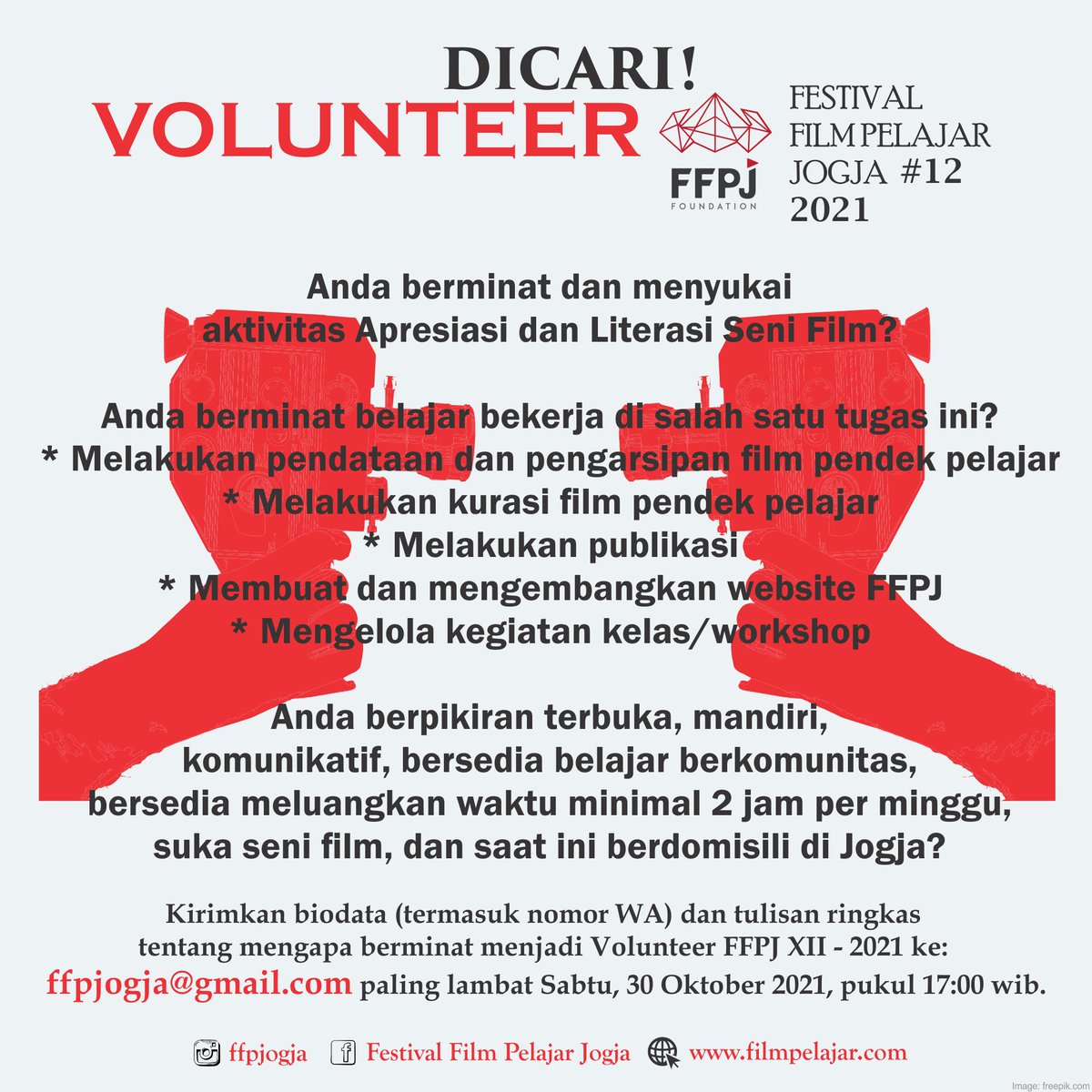 #Oprec #Volunteer Festival Film Pelajar Jogja XII - 2021. Maksimal 30 Okt 2021, pkl 17.00 wib. Yuk join! :) <a href="/JogjaUpdate/">jogjaupdate.com</a> #ffpj2021 #ffpj12 #ffpj #ffpjogja