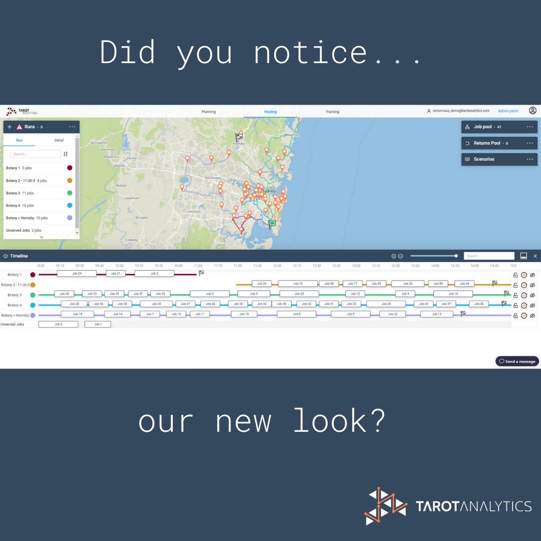 Earlier this week we launched a refresh of the Tarot Routing map interface.
Simplified panels and a new drag and drop timeline makes it easier for your planners to quickly build routes and get your drivers on the road.

Find out more  - tarotanalytics.com/post/three-new…