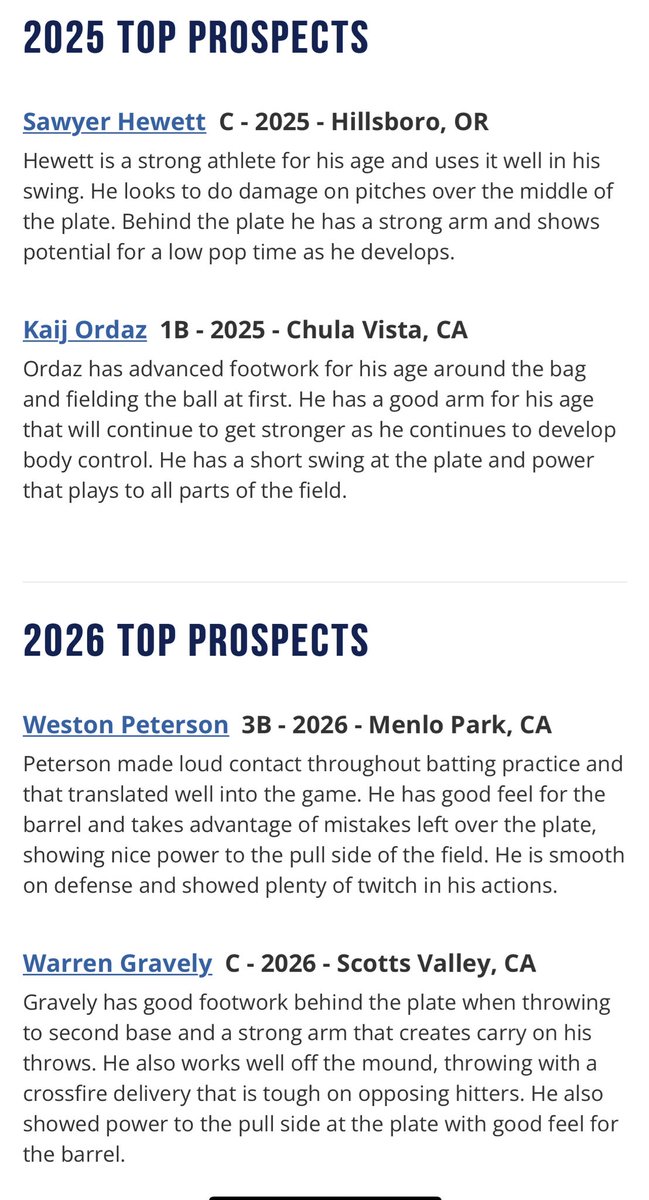 Top Prospect List from the <a href="/California_PG/">Perfect Game California</a> Prospect Showcase is now available 

<a href="/PG_Uncommitted/">PG_Uncommitted</a>  <a href="/PG_Scouting/">Perfect Game Scout</a> 

🔗 perfectgame.org/events/Showcas…

14u perfectgame.org/events/Showcas…