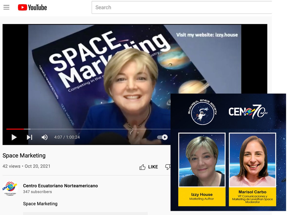 Loved speaking w/ Marisol Carbo w/ Centro Ecuatoriano Norteamericano &amp; <a href="/GuayaquilSpace/">Guayaquil Space Society</a> in Ecuador. We discussed marketing &amp; my new book - Space Marketing: Competing in the new commercial space industry. View at youtu.be/rj33SmDFwt4