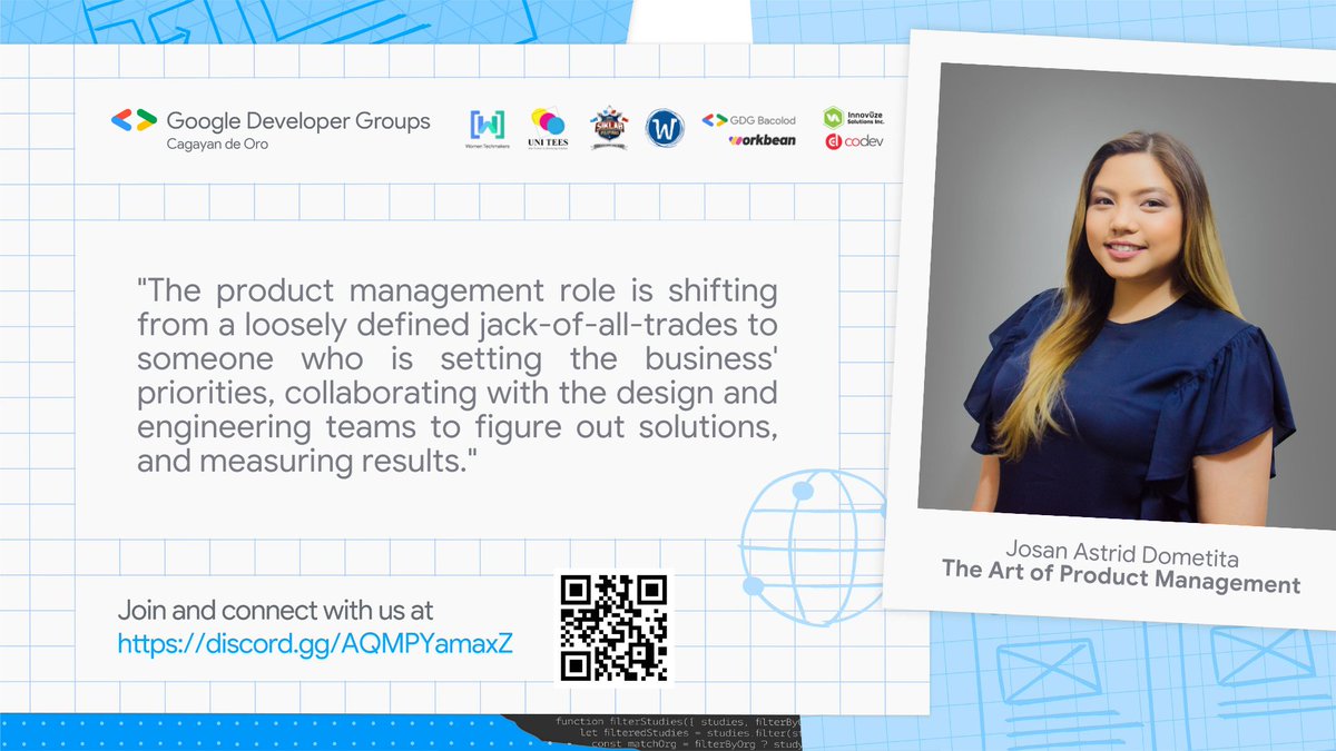 gdgcdo's tweet photo. 🎉Josan Astrid Dometita, a tech startup founder,  a UI/UX Engineer, and a Women Techmakers Ambassador as she talks about Product Management.

Join our next session this November!

🖊️https://t.co/pKGenSkqAO 
📲 https://t.co/teHkW6TksG

#gdg #gdgcdo #devfest2021 #geekweeks https://t.co/1cKKBCTKO9