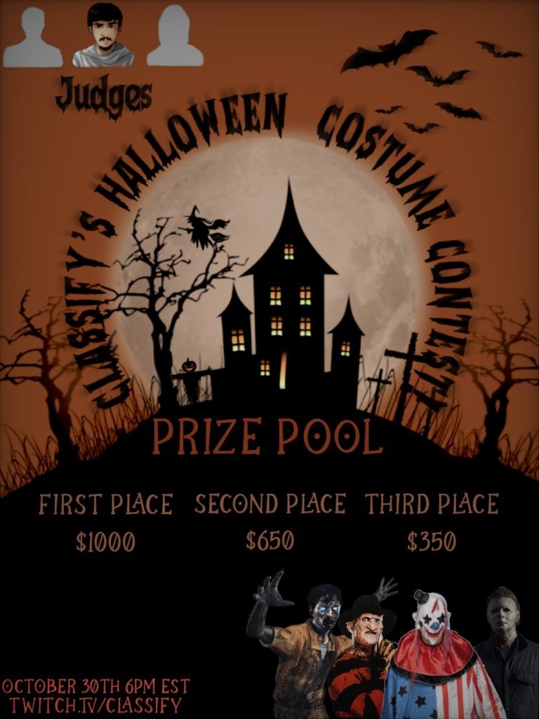Class's tweet photo. I present you guys Classify's Halloween Costume Contest on Discord! 🎃

Go grab the best costume and enter for FREE for a chance at a $2000 prize pool for the best costume judged by myself and 2 secret judges :D

See you on Saturday 6pm EST👻

To enter: https://t.co/J9Zfjy6Wsr https://t.co/Z0D2piuQOw
