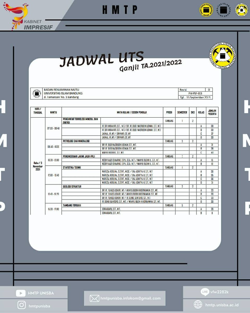 [JADWAL UTS GANJIL 2021/2022]

Halo Sobat Jakun!
Diinfokan untuk jadwal pelaksanaan Ujian Tengah Semester Ganjil Tahun Ajaran 2021/2022.
Jadwal file bisa dilihat di link bio.

Hidup Tambang!
Kuat Tambang!
Jaya Tambang!