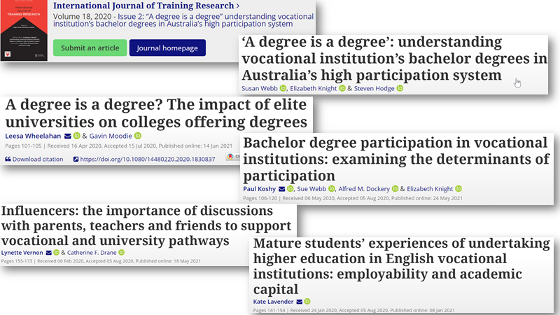 KiftSally's tweet image. This wk in my CMM series @SRMatchett
-@MonashUni Webb
-@victoriauninews #CIRES @lizziebknight
-@Griffith_Uni #GIER Hodge
-@Deakin @ellowars
Big 💭
VocEd UG degrees: Distinction or Inequality
Game changing degrees
Spec @AVETRA1 Issue tandfonline.com/toc/ritr20/18/2
campusmorningmail.com.au/news/better-by…