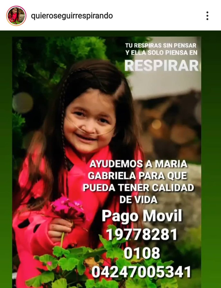 Por favor RT y ayuda para esta hermosa niña, pueden ver más detalles en su cuenta de Instagram @quieroseguirrespirando
Insuficiencia Respiratoria Crónica. necesita transplante de sus dos pulmones 
<a href="/LuisOlavarrieta/">Luis Olavarrieta</a> <a href="/MamaLisVzla/">Lisbeth Añez/Mamá Lis</a> <a href="/ChuoTorrealba/">Jesus Chuo Torrealba</a> <a href="/kiara_true/">kiara</a> <a href="/_Provea/">PROVEA</a> <a href="/albacmujica/">Alba Cecilia Mujica</a>