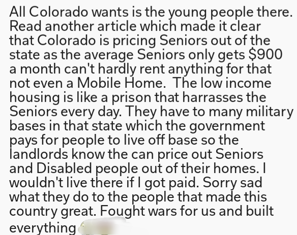 7285Rachel's tweet photo. @POTUS This is what Colorado is doing to their Seniors and disabled people to make room for the dumb space force. What are you going to do about it. Check it out, you will see it is true. https://t.co/WKpZ4XWxcq