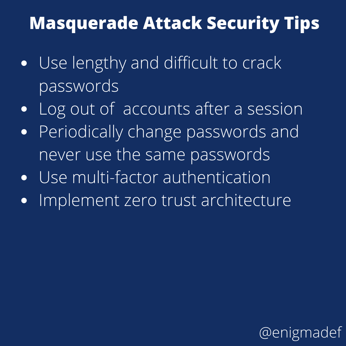 enigmadef's tweet photo. Masquerade attack is when an attacker acts as a registered/ authenticated user or entity in a system.
#CyberMonth #Cybersecurity #BeCyberSmart #InfoSec #InformationSecurity #Cybersecurity #StopThinkConnect
#InfoSecurity #NetworkSecurity #CloudComputing
@CISAgov
@CyberSmartUK https://t.co/aFSiEiOn2s