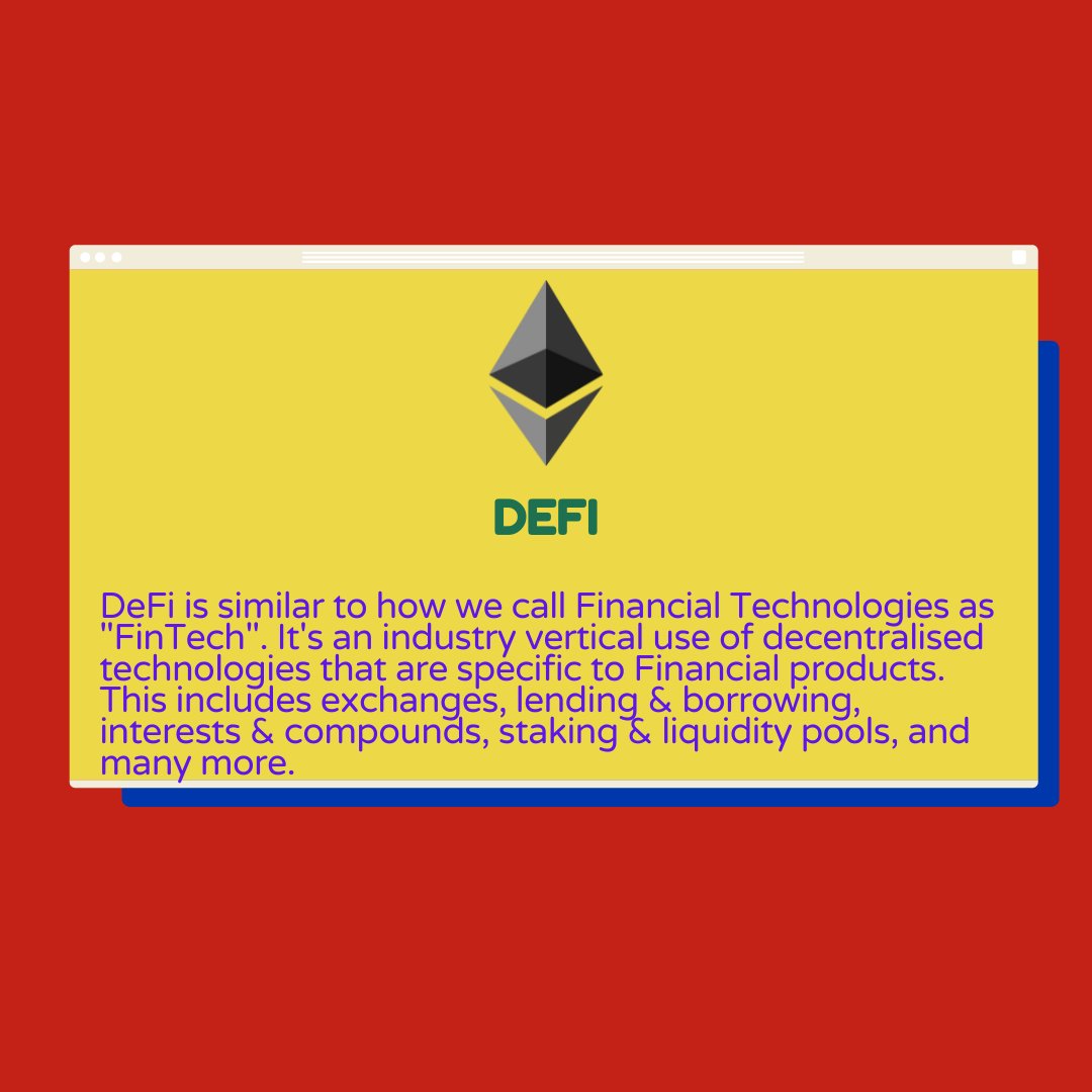 DeFi is similar to how we call Financial Technologies as "FinTech". It's an industry vertical use of decentralised technologies that are specific to Financial products. This includes exchanges, lending &amp; borrowing, interests &amp; compounds, staking &amp; liquidity pools, and many more.