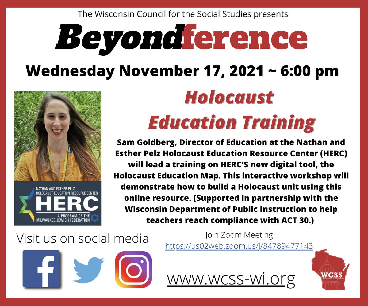 MARK YOUR CALENDARS - another great <a href="/WCSS1/">WCSS</a> Beyondference webinar coming on WEDNESDAY 11/17 6CST = join the awesome Sam Goldberg from <a href="/HERCmilwaukee/">Holocaust Center MKE</a> for training in their new Holocaust Education Map - definitely a resource for all! #sschat holocaustcentermilwaukee.org/events/beyondf…