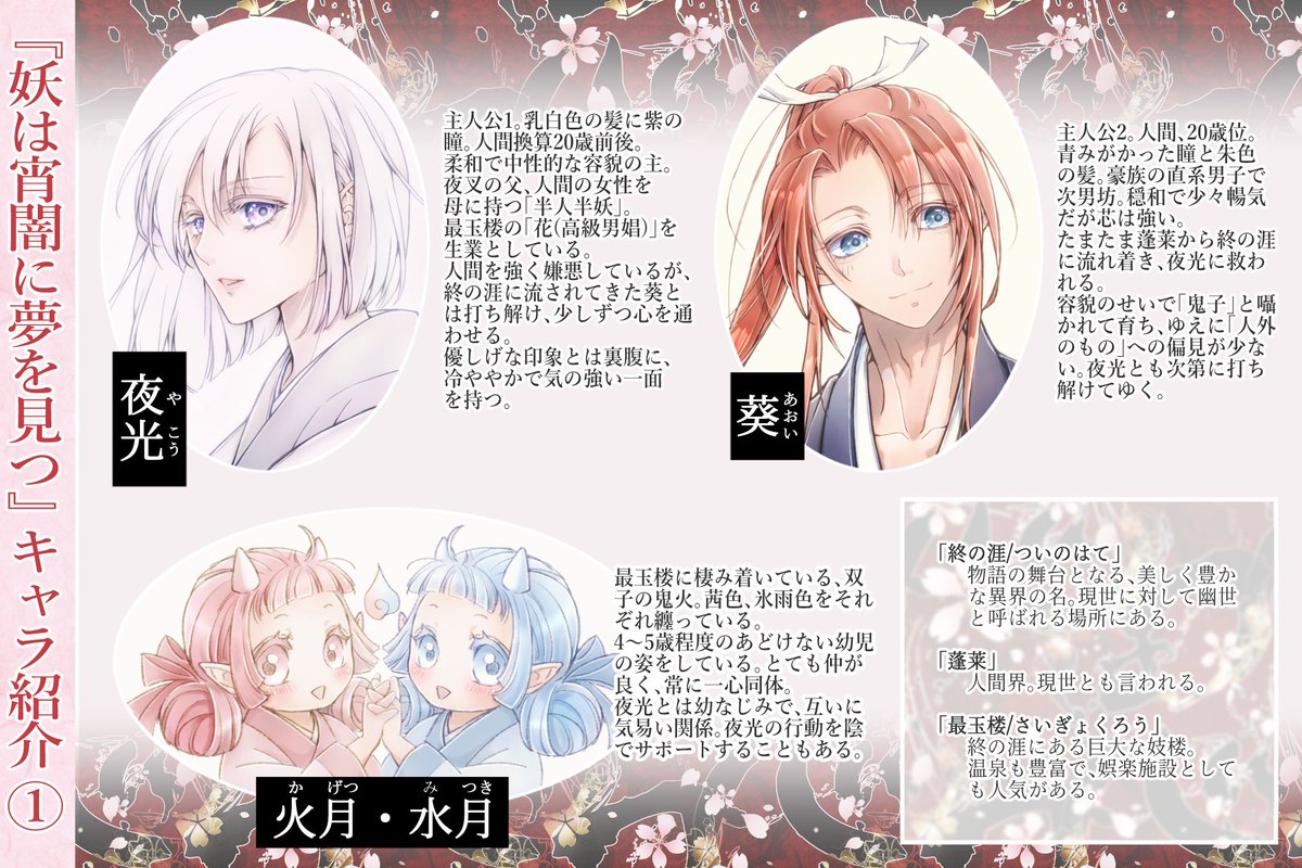 sincerely_33's tweet photo. #一次創作　#小説
【固定用】
BL要素を含む和風創作
「妖は宵闇に夢を見つ」の登場人物紹介です
このシリーズ絡みのツイをよくするので、こいつ誰？と思った時に参考になればなあと思います

シリーズ本編…https://t.co/CvTqZ1IvLe
蓬莱編(続編)…https://t.co/Db4bU8q6RX https://t.co/DUGi3Qlwiz