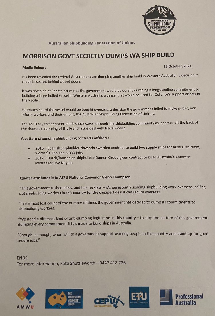 ASFUnions's tweet photo. Another Betrayal by @ScottMorrisonMP to dump on Australian shipbuilders. This government good on the spin but never delivers on commitments #auspol #ScottyfromMarketing @AWUnion @theamwu @ProfsAustralia @ETU_national https://t.co/Ql6zHRleK4
