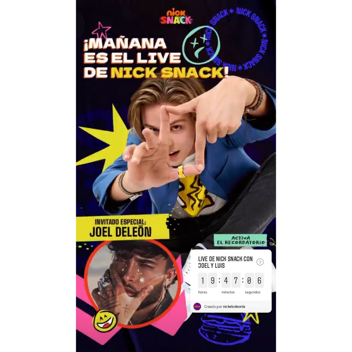 Mañana live de #NickSnack por <a href="/NickelodeonLA/">Nickelodeon Latam</a> 
6pm
-
#JoelDeleon #LaCulpa #DistrictD #deleón #jdlcolombiaofc #jdl #colombia 
<a href="/JOELDELE0N/">Joel DELEŌN</a> @renatofransis
