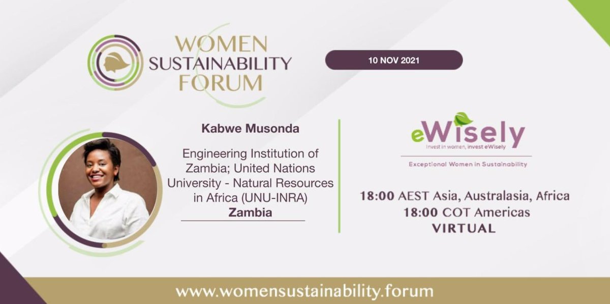 eWiselyForum's tweet photo. We have invited renowned speakers from all over the world to speak at the Women Sustainability Forum!
From Africa, we have Kabwe Musonda 
Find out more about them on our website at:
https://t.co/jMTPQzu0ak... 
Register now at:  
https://t.co/Tcmc2vib2r
#womensustainability #SDGs https://t.co/RXdwK2Ss45