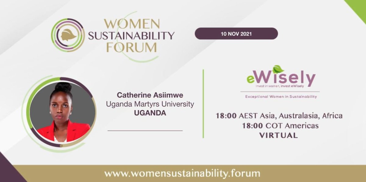 eWiselyForum's tweet photo. We have invited renowned speakers from all over the world to speak at the Women Sustainability Forum!
From Africa, we have Catherine Asiimwe, 
Find out more about them on our website at:
https://t.co/JLAfmv6xdX
Register now at:  
https://t.co/Tcmc2vib2r
#womensustainability #SDGs https://t.co/lekFMxMbse