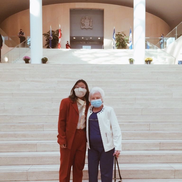 Olivia Butti served on #yegcc from 1974-1986. Tuesday’s swearing in ceremony was the first swearing in ceremony she’s been to since her last one in 1983.

She told me that a man told her there were too many women on council now. She said “I wanted to KICK him” me too Olivia.