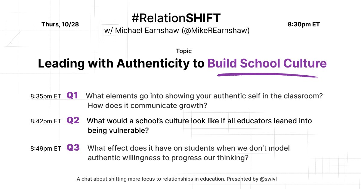 andy4edu's tweet photo. THURSDAY NIGHT 7:30 CST 
Join @MikeREarnshaw and other like-minded educators for a discussion about LEADERSHIP, AUTHENTICITY, and SCHOOL CULTURE! Hope to see you there! #RelationSHIFT #FWEdChat https://t.co/IQaHl7dtFb