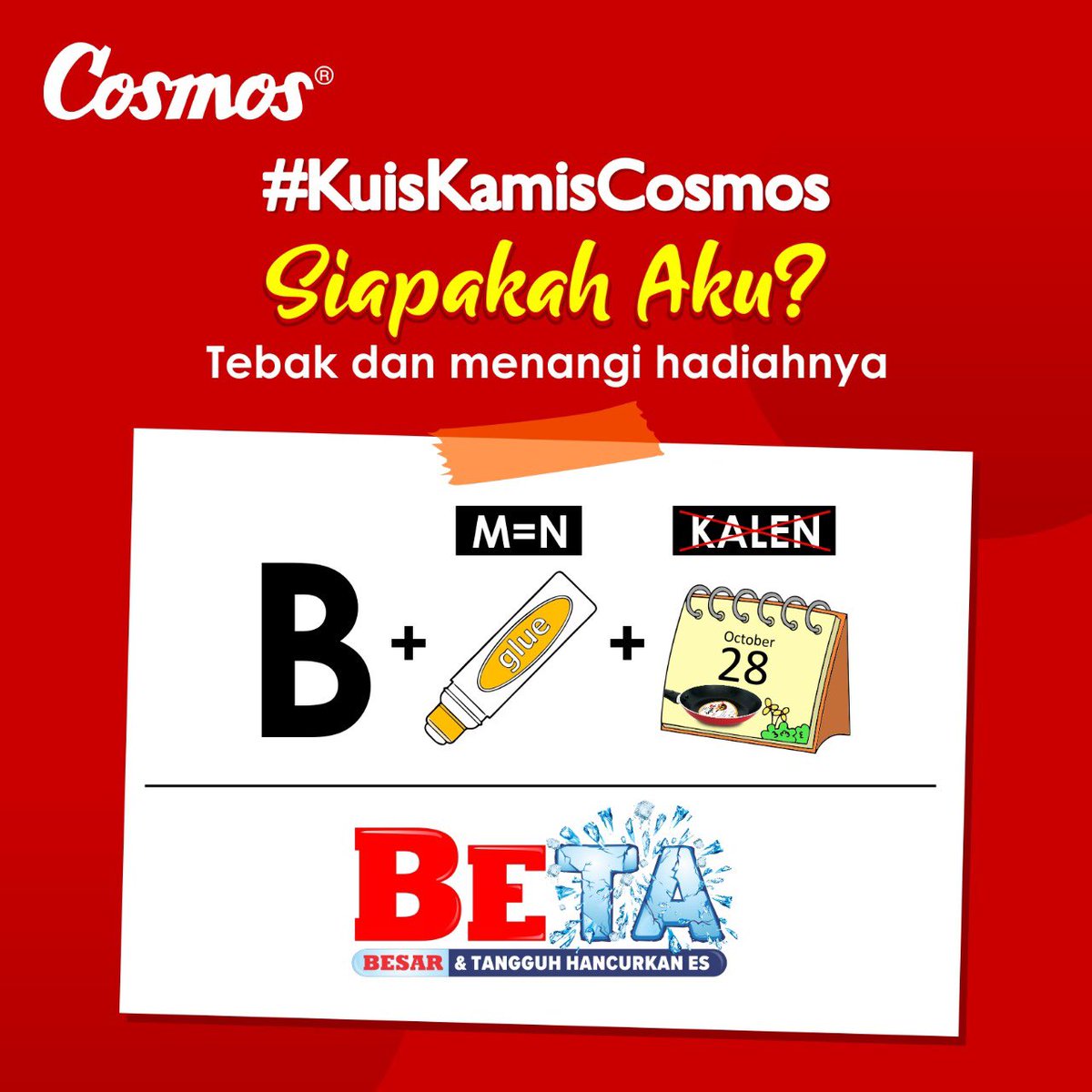 cosmosonline's tweet photo. Hayoo tebaak dan tulis jawabannya di komentar.
 
Caranya :
●Pastikan kamu sudah follow all sosmed Cosmos (Instagram, Twitter, Tiktok @CosmosOnline. Facebook @mycosmos. Youtube: BelanjaCosmos) dan like postingan ini https://t.co/e7HfXoBBJF