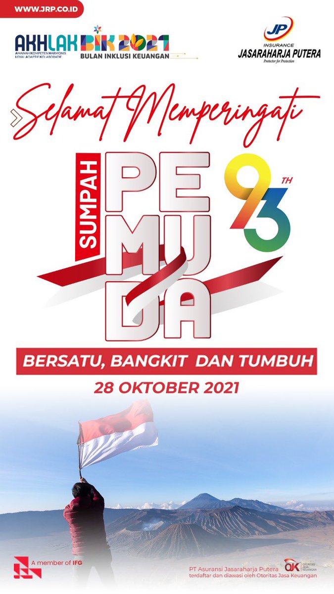 jrp_insurance's tweet photo. Selamat Hari Sumpah Pemuda Ke-93 "Bersatu, Bangkit dan Tumbuh"
Mari kita lanjutkan perjuangan para pahlawan dengan prestasi terbaik untuk kemajuan bangsa Indonesia demi menyongsong masa depan Indonesia yang cemerlang
#HariSumpahPemuda
#JRPInsurance
#ProtectorforProtection https://t.co/qbAN3831js