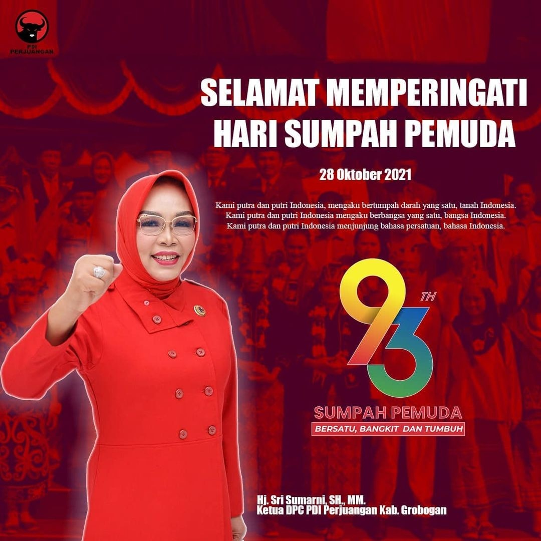 Selamat memperingati Hari Sumpah Pemuda 28 Oktober 2021, Pemuda adalah tonggak masa depan bangsa, mari jaga generasi muda kita untuk indonesia lebih hebat

#pdiperjuangan #grobogan#merdeka#srisumarnigrobogan