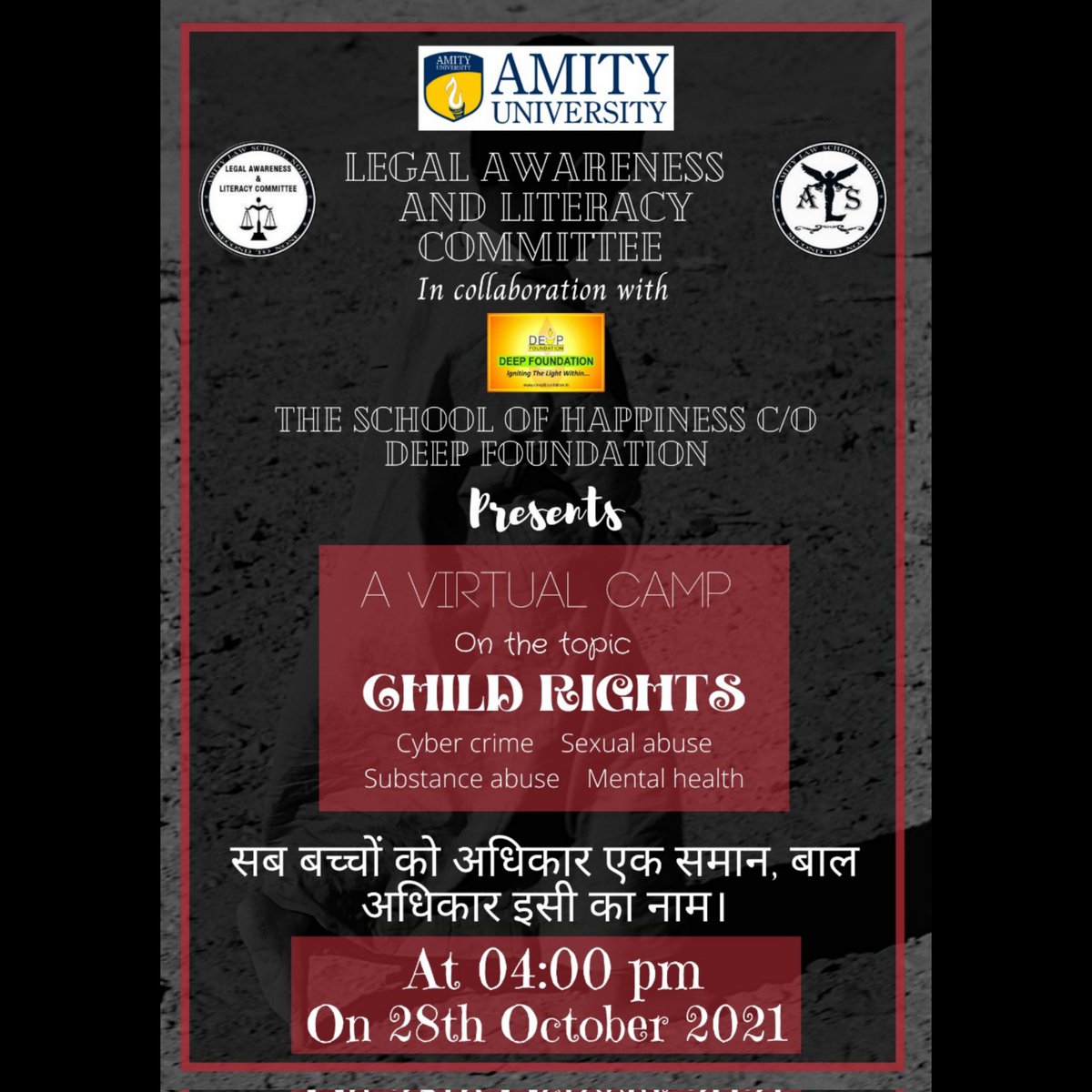 aid_cell's tweet photo. We at LALC are organizing a virtual camp, in collaboration with, The School of Happiness C/O Deep Foundation.
The camp will address important issues revolving around child rights. 
DATE : 28th October, 2021
TIME : 4 PM
PLATFORM: MS TEAMS https://t.co/qrCYQGfViV
