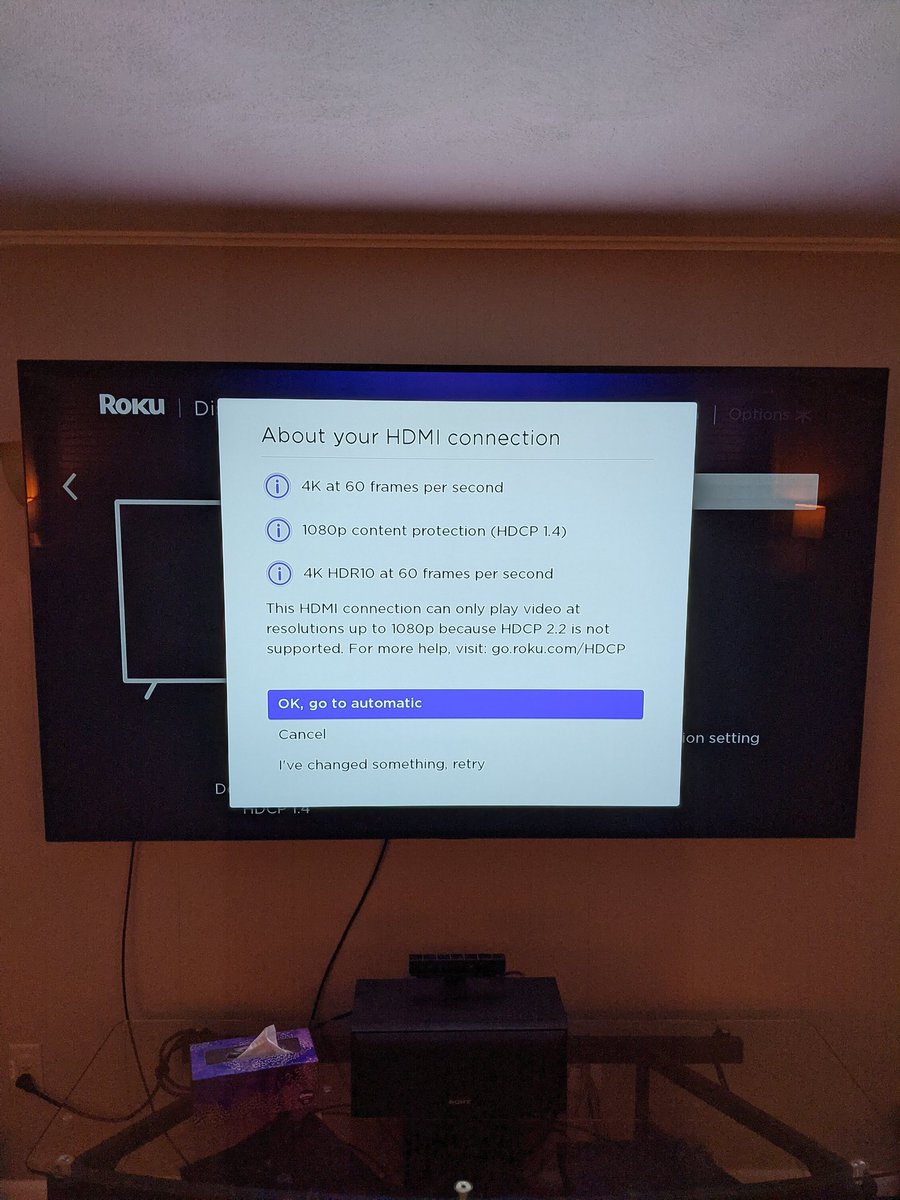 Joeisms85's tweet photo. @LGUSSupport can you explain to me why none of the HDMI ports on my brand new C1 are not registering as HDCP 2.2 compliant? I can take the same Roku and HDMI cable upstairs to my @VIZIO TV and it works fine on that unit.

#hdcp #oled #lg #issues #gaming #PS5 #roku #vizio https://t.co/PdU1aRp4CI