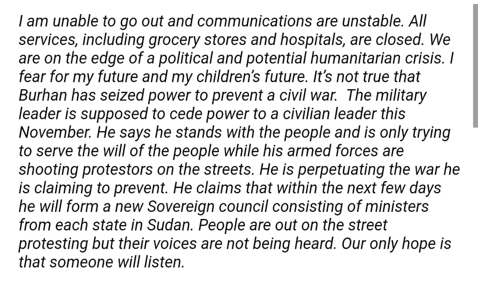 LouisePWo's tweet photo. .@Trevornoah Can you consider reporting and spreading the word on what is happening in Sudan? Here is a firsthand account of someone I know who lives in Bori, Khartoum #sudan #SudanCoup https://t.co/r1pRCT4CJg